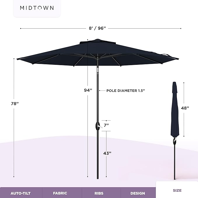 Midtown Umbrellas – The Lean 8 Ft Patio Umbrella with 10-Year-No-Fade Acrylast Acrylic Fabric, Auto-Tilt and 8 Reinforced Ribs for Deck, Pool, Garden, Hotel & Cafes – Harbor Navy Canopy, Black Pole
