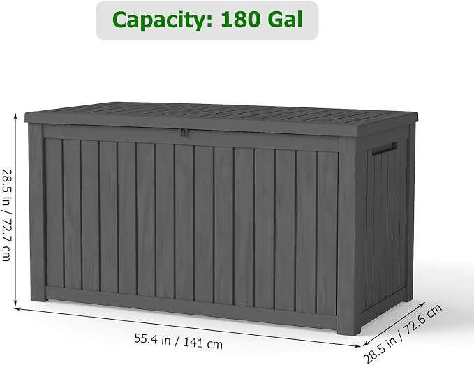 180 Gallon Outdoor Deck Boxes, IP68 Waterproof Outdoor Storage Box with Hydraulic Lid Support, Outside Resin Container for Furniture, Toy, Shoe, Garden & Patio Tools Storage -Black