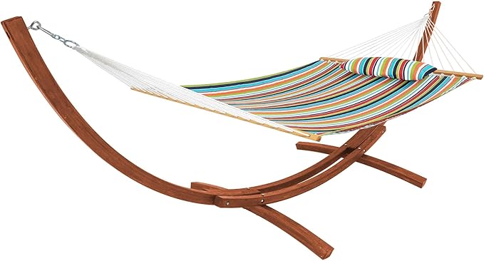 Lazy Daze 12FT Sunbrella Fabric Hammock with 13FT Wood Arc Stand, Free Pillow Fits for Two Persons, All Weather and Fade Resistant for Patio Yard, 450 lbs Weight Capacity, Carousel Confetti