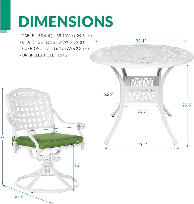 VIVIJASON 3-Piece Patio Bistro Set, Outdoor All-Weather Cast Aluminum Furniture Dining Set, Include 2 Swivel Rocker Chairs and 35.4" Round Table w/Umbrella Hole for Balcony, Lawn, Garden, White