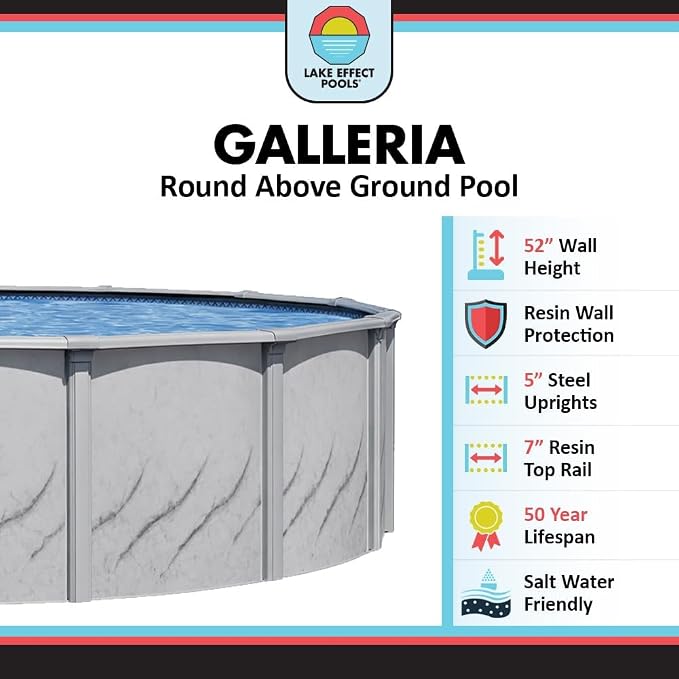 Lake Effect Pools 'Galleria' 18 ft Round Above Ground Swimming Pool | 52 Inch Steel Side Walls | Kit Includes: 25 Gauge Overlap Liner & Widemouth Skimmer