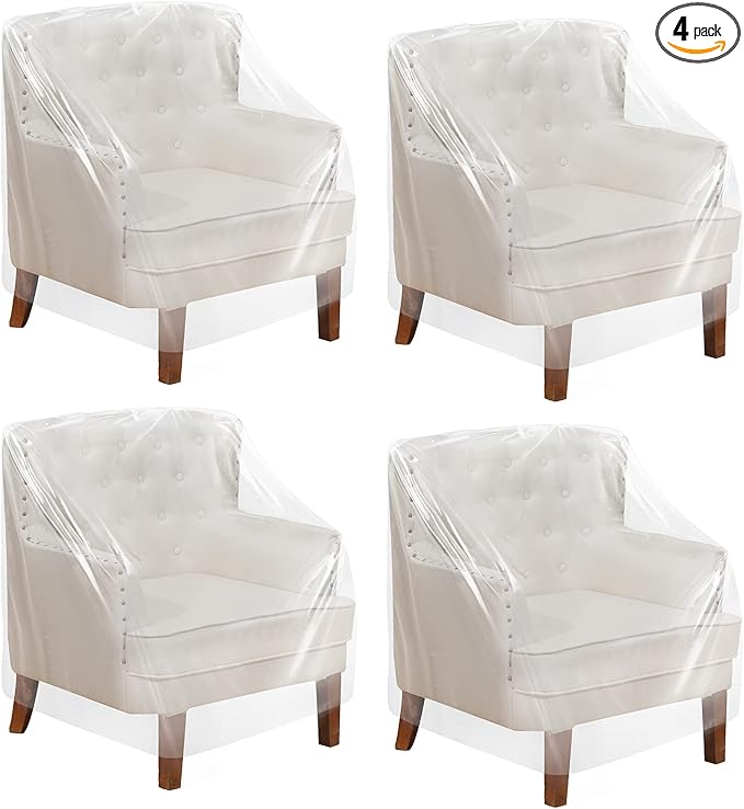 Tudomro 4 Pcs Outdoor Plastic Chair Cover Waterproof Armchair Clear Dust Proof Plastic Couch Cover for Furniture Sofa Chair Couch Recliner Furniture Storage and Moving, 37 x 30 x 30 Inch