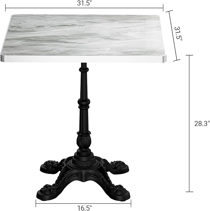 31.5" Sintered Stone Square Dining Table for 2-4 People, Marble Look Bistro Table with Heavy Duty Cast Iron Base for Outdoor Patio Garden Cafe, Living Room Balcony, Commercial Grade Small Space, Grey