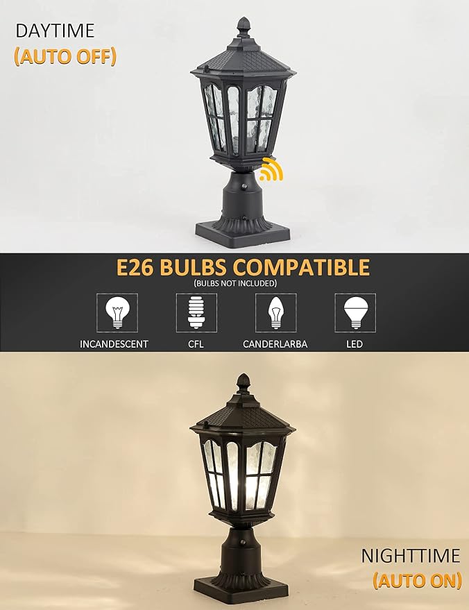 Post Light Outdoor with 3-Inch Pier Mount Base, 17''H Exterior Post Light Fixture,Waterproof IP65 Classic Die Cast Aluminum with Water Ripple Glass, E26 Base 60W Max,Matte Black