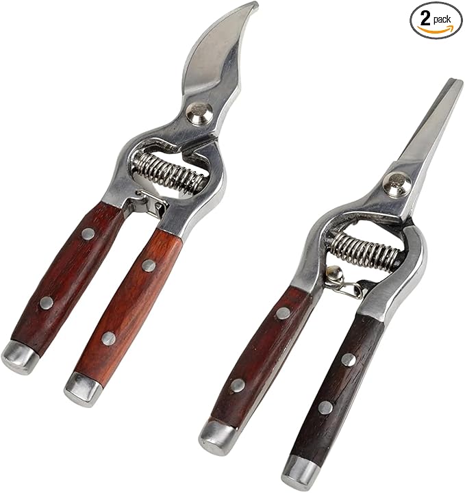 Garvee 2 Pack Garden Pruning Shears for Gardening, Wood Steel Handle Bypass Pruning Shears for Gardening, Curved Straight Garden Shears, Gardening Tools for Plants Flowers Light Branches