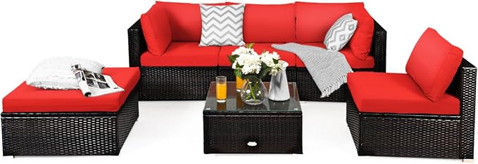 COSTWAY 6-Piece Outdoor Patio Furniture Set, Rattan Sectional Sofa Set with Tempered Glass Coffee Table, Cushions and Ottoman for Garden, Deck, Backyard (Red)