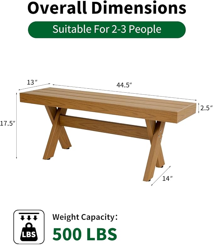 44.5" HIPS Outdoor Dining Bench, X-Shaped Modern Backless 2-Person Seating, All-Weather Patio Bench with Wood Grain Texture, Easy Assembly, Teak