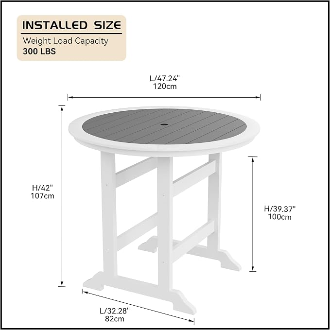 JUSTONE 47 Inch Round Outdoor Bar Table, Water-Resistant HDPE Pub Height Table for Patio, Garden, Poolside, Backyard, Balcony, Fire Pit and Lawn，Grey and White