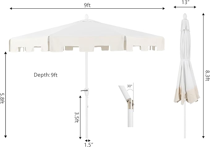 JONATHAN Y Baiona 9 ft. White/Cream Outdoor Patio Umbrella with Crank Lift and Tilt, 8 Ribs UV-Resistant Market Table Umbrella with Square Trim for Pool, Deck, Coastal, White Pole UMB1000B