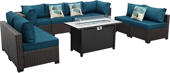 9 Pieces Wicker Patio Furniture Set Outdoor PE Rattan Sectional Conversation Sofa Set with Peacock Blue Cushions and 45 Gas fire Pit Table