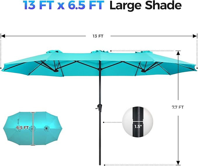 SUPERJARE 13FT Outdoor Umbrella for Patio, Double sided Pool Umbrellas with Fade Resistant Canopy, Large Table Umbrella for Deck, Market, Backyard - Light Blue(No Base)