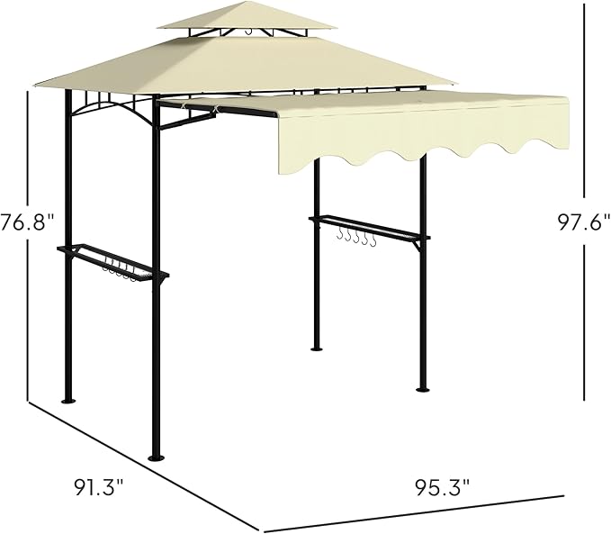 Outsunny 8' x 7.6' Grill Gazebo, Double Tiered Outdoor BBQ Gazebo with Side Awning, 2 Side Shelves and 6 Hooks for Patio, Deck, Yard, Beige