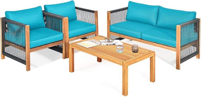 Tangkula Outdoor Wood Furniture Set, Acacia Wood Loveseat Sofa, 2 Single Chairs and Coffee Table, 4 Pieces Conversation Set with Cushions, Garden Balcony Poolside Outdoor Living Set (1, Turquoise)