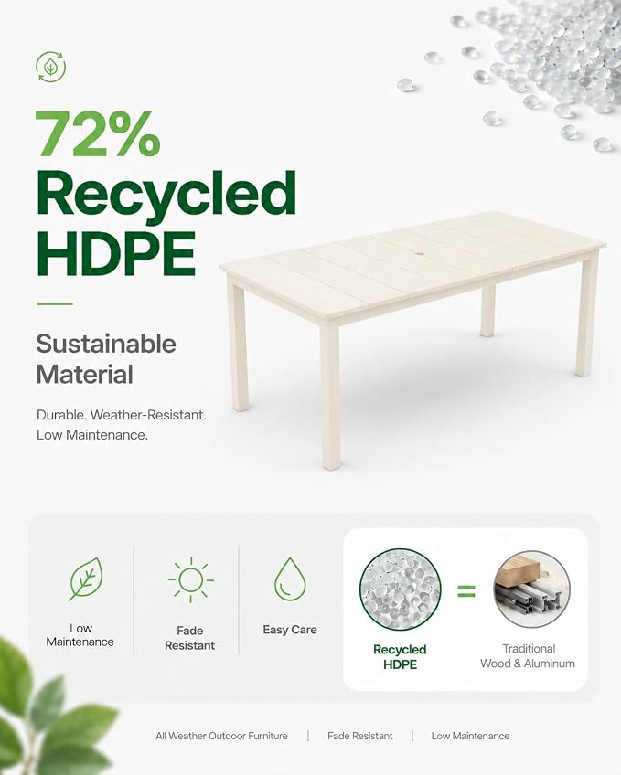 75.2" Outdoor Dining Table for 4-6 People, Patio Dining Outdoor Table with Umbrella Hole, All Weather Patio Table for Backyard, Deck and Garden, White