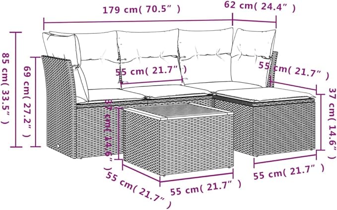 vidaXL Patio Sofa Set with Cushions 5 Piece, Outdoor Conversation Set, Patio Furniture Set for Balcony Garden, Modern Style, Gray Poly Rattan