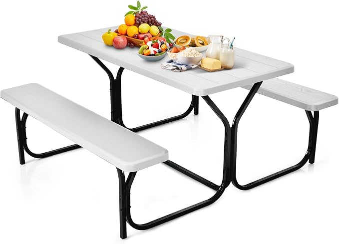 Picnic Table, Camping Portable Picnic Table Bench Set for 4 Persons, Heavy-Duty Steel Frame & Resin Tabletop, All Weather Outdoor Picnic Tables for Patio Travel BBQ Party Garden (White)