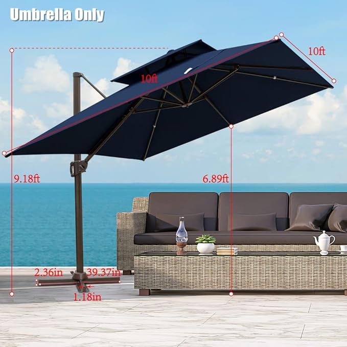 HomeRoots 10' Navy Blue Polyester Square Tilt Cantilever Patio Umbrella with Stand