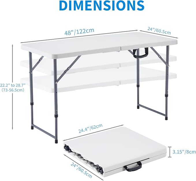 KAIHAOWIN Plastic Folding Table-4ft Portable Table Foldable Legs and Adjustable Height Utility Table for Indoor Outdoor Camping Banquet Party-White