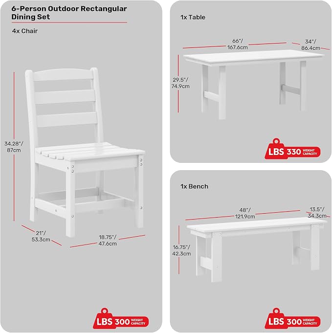 Costaelm Palms 6-Piece Outdoor HDPE Patio Dining Table Set with Bench, White