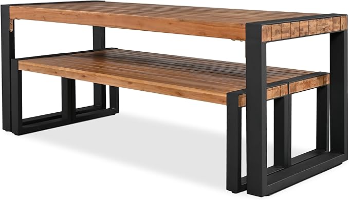 LUMISOL 3 Pieces Patio Dining Set with Bench, Acacia Wood Space Saving Outdoor Rectangular Picnic Table Set, Wood