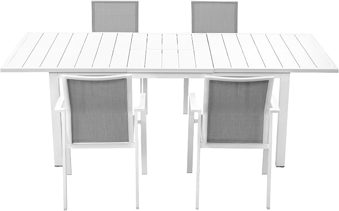 Wisteria Lane Outdoor Patio Dining Set, 5 Piece Aluminum Modern Outdoor Table and Chairs Set for 4, Metal Expandable Patio Table & 4 Stackable Textilene Chairs for Balcony Deck Backyard, White