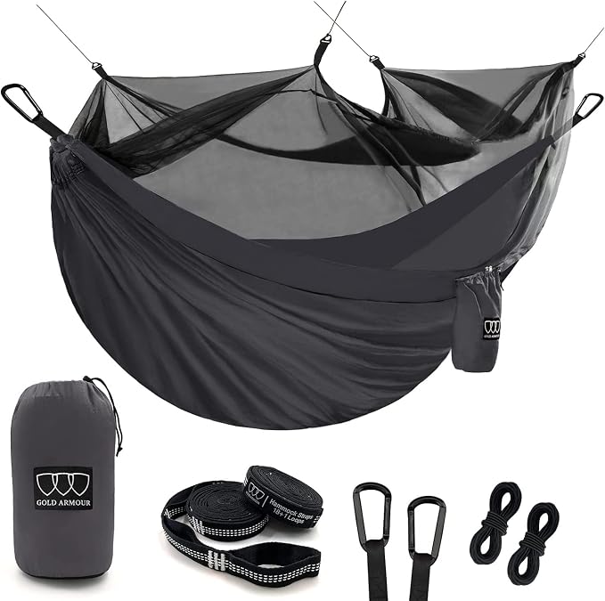 Gold Armour Camping Hammock - Camping Essentials, Double Hammock with Bug Net, Camping Gear Hammock for Outside, Hiking, and Travel (Gray)