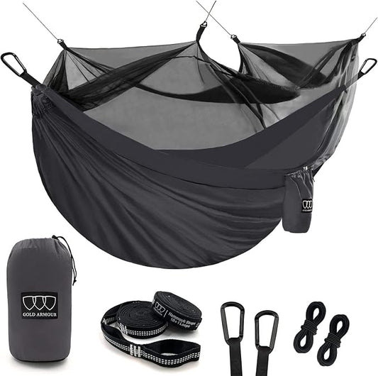 Gold Armour Camping Hammock - Camping Essentials, Double Hammock with Bug Net, Camping Gear Hammock for Outside, Hiking, and Travel (Gray)