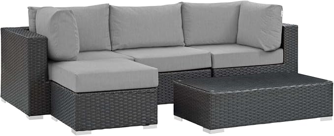 Modway Sojourn Wicker Rattan 5 Piece Outdoor Patio Sunbrella Sectional Set in Canvas Gray
