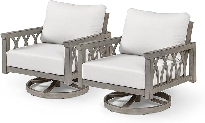Outdoor Swivel Armchairs Set of 2, Aluminum Patio Sofa Chairs with Cushions, 360° Rotating Aluminum Club Chairs, Weather-Resistant Patio Furniture Set for Deck Garden Poolside, Limed Oak