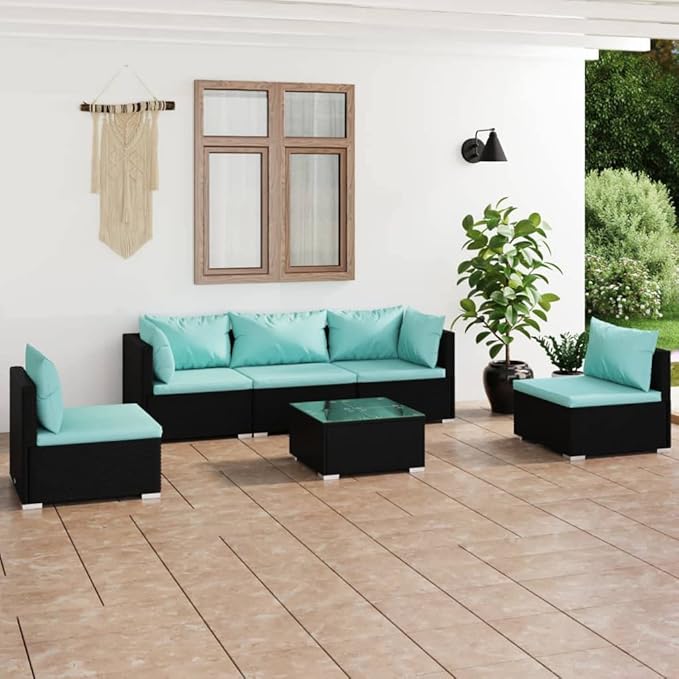 6 Piece Patio Lounge Set with Cushion, Patio Lounge Set Piece Patio Set Outdoor Patio Sectional Furniture Conversation Sets s Poly Rattan Black