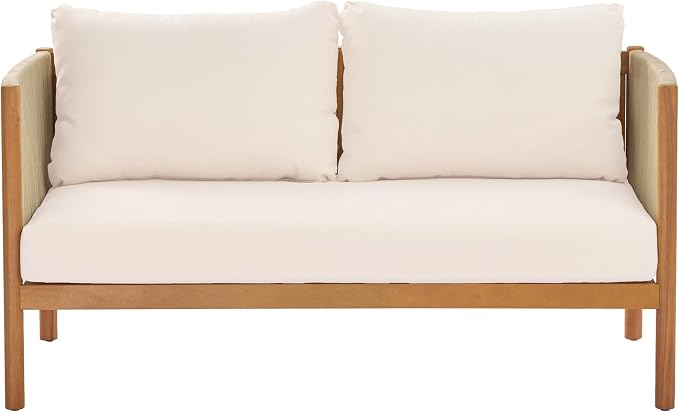 Merax 4-Piece Outdoor Sofa Set with Acacia Wood Frame in Teak Look, Beige Rope Panels & Cream Cushions, Patio Conversation Set with 2 Club Chairs, Loveseat & Coffee Table for Patio & Garden