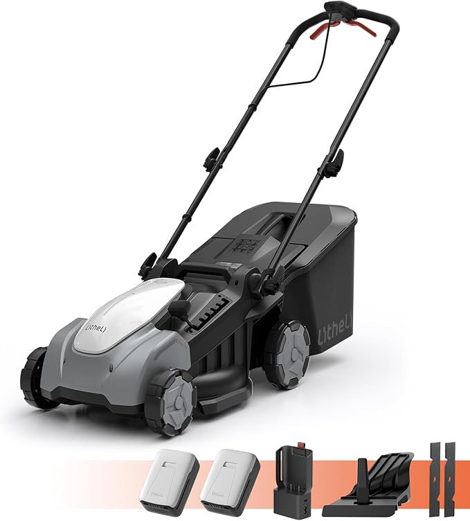 Litheli 40V Brushless Push Mower, 16″ Cordless Lawn Mower, 6 Adjustable Heights (1-3″), 50L Collection Bag & Mulching, 2×5.0Ah Batteries & Charger Included
