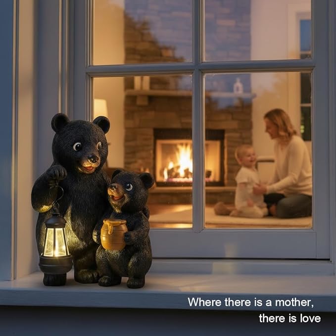 Lavezee Garden Bear Statues 8.9‘’, Mother and Baby Bear Figurines with Solar Lantern for Outdoor Porch Yard Lawn, Unique Bear Gifts for Mom Grandma Women