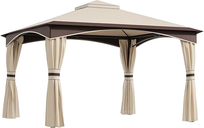 Outsunny 10' x 12' Outdoor Gazebo with Netting, Patio Gazebo Canopy with 2-Tier Soft Top Roof and Steel Frame for Lawn, Garden, Backyard and Deck