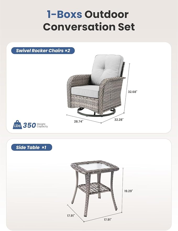 3-Piece Outdoor Patio Furniture Set with Swivel Chairs, Outdoor Conversation Wicker Sofa with Coffee Table, Rattan Couch for Deck Yard Poolside, Grey