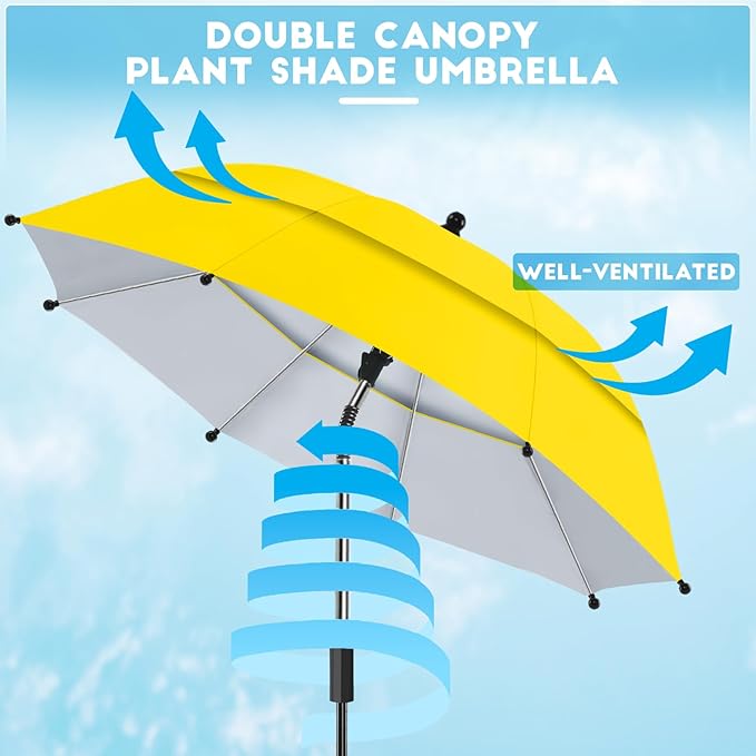 4 Pack 24.9" Double Canopy 47.2" Height Plant Umbrellas for Outdoor Plants, 3D Stakes 360° Adjustable Plant Shades for Outdoor Plants, Garden