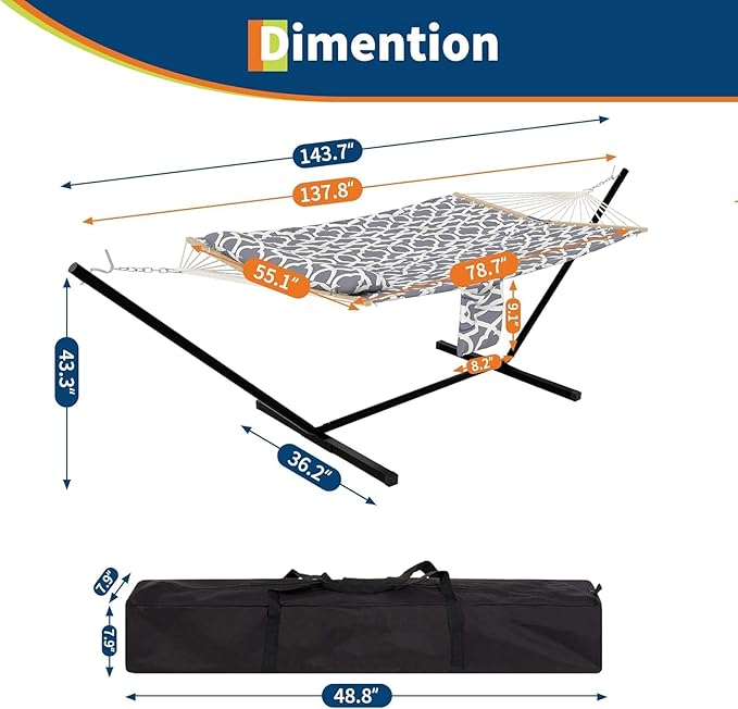 2 Person Hammock with Stand, Foldable Steel Frame Heavy Duty 450lb Capacity, Portable Polyester Fabric Hammocks for Backyard Patio Camping, Carrying Bag and Side Pocket Included