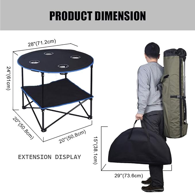 LEADALLWAY Folding Picnic Table Outdoor Camping Table Canvas Travel Table | Portable, Collapsible 4 Cup Holders and Carrying Bags, for Outdoor Picnic,Barbecue,Travel,Fishing (Black+Blue)