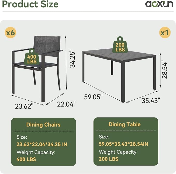 Aoxun 8-Piece Patio Table and Chairs Set & 15ft Patio Umbrella for 6, All Weather Outdoor Dining Set with 6 Textilene Chairs and 1 Rectangular Metal Table for Backyard, Garden, Grey/Blue