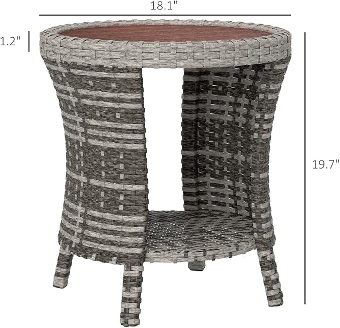 Outdoor Rattan Side Table with 2-Tier Storage, 18.1" Hourglass Shape Outdoor End Table, PE Wicker Bistro Coffee Table with Wood-Plastic Composite Top for Patio Garden Balcony, Light Gray