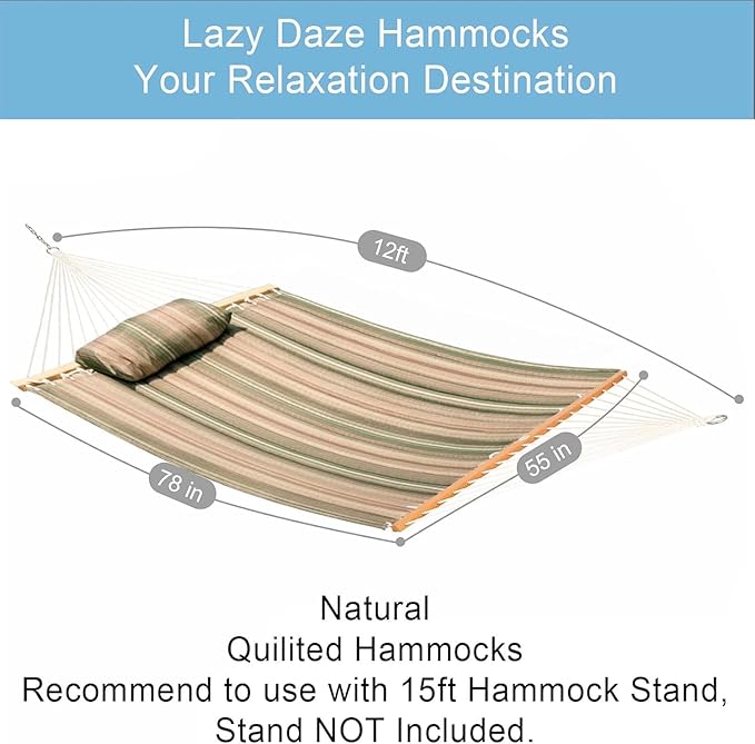 Lazy Daze 12 FT Quilted Fabric Double Hammock with Spreader Bars and Detachable Pillow, 2 Person Hammock for Outdoor Patio Backyard Poolside, 450 LBS Weight Capacity, Mixed Green & Brown Stripe