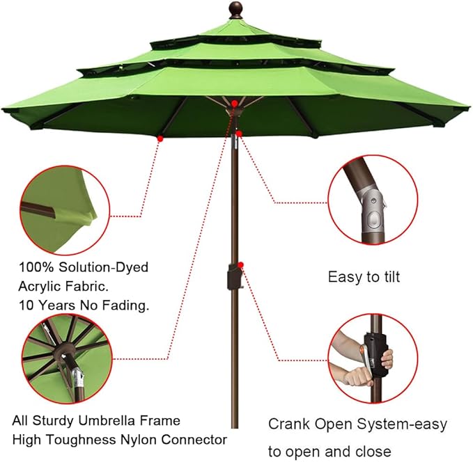 EliteShade USA 10-Year-Non-Fading 9ft 3-Tier Market Patio Umbrella, Commercial Grade Outdoor Table Umbrella with Crank Open, Windproof & UPF 50+ UV Protection, Heavy Duty Ventilation for Garden, Deck, Pool, Backyard, Beach & Bistro, Macaw Green