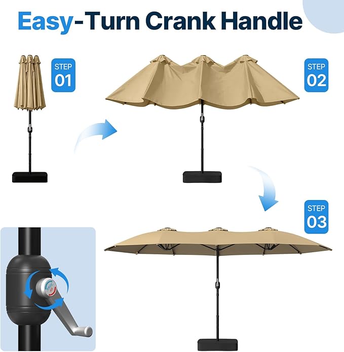 Suteck 15FT Patio Umbrella with Base Included, Double-Sided Rectangle Outdoor Large Umbrella with Crank Handle, UV & Fade Resistant Canopy for Poolside, Backyard, Deck and Market, Beige