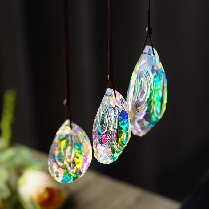 Window Hanging Crystal Prisms Sun Catcher AB Coating Rainbow Maker Glass Prisms Hanging Suncatcher Pendant for Home Garden Decor,76mm/63mm/50mm Chandelier Prism Parts, Pack of 3 | AB Coating Crystal Prism Suncatcher Set 3 Sizes for Chandelier Window Ga...