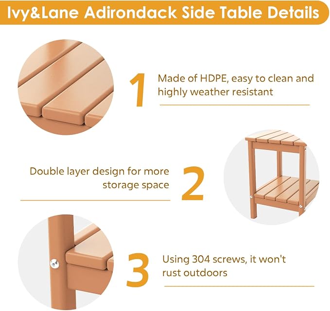 IVY&LANE Adirondack Outdoor Side Table | HDPE Plastic | Patio End Tables with Storage | 2-Shelf | Weather Resistant | Teak | 14 x 13 Inches | for Outside Porch Deck Backyard Indoor