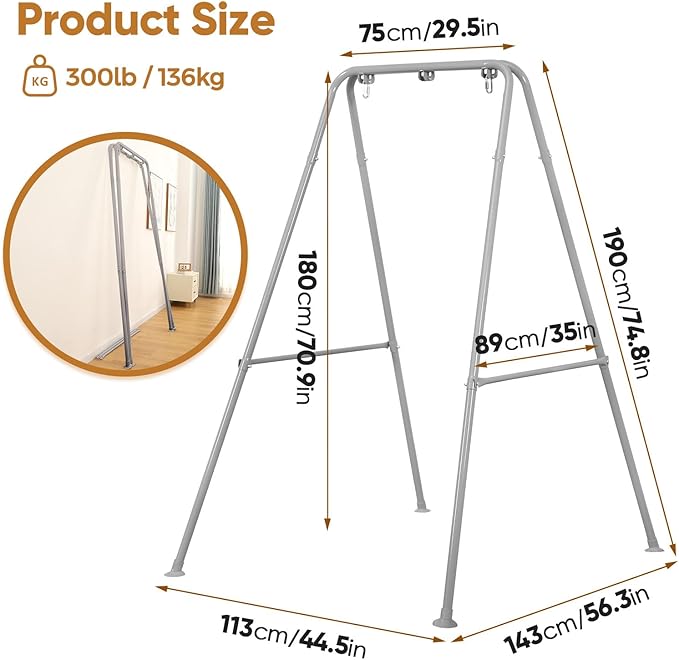 Foldable Hammock Stand, Portable Hammock Chair Stand, 300 lbs Capacity, Heavy Duty Folding Hammock Frame for Indoor or Outdoor, Easy to Assemble & Store (Hammock Chair not Included) - Grey
