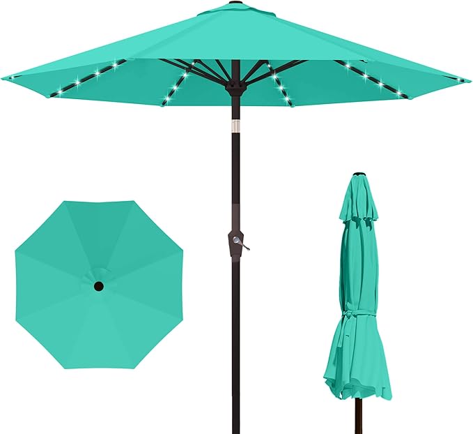 Kingdura 9FT Outdoor Patio Umbrella with Solar Lights, Market Table Umbrella with Push Button Tilt & Crank, 8 Sturdy Ribs, 32 LED Lights, UV Protection for Garden Lawn Deck Backyard Pool (Tiffany blue)