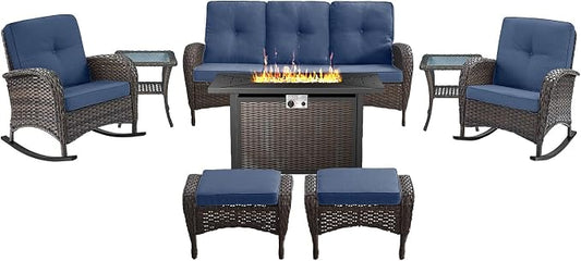 Belord Patio Furniture Set with Fire Pit Table - 8 Piece Outdoor Wicker Furniture Set with 43" 50000 BTU Propane Fire Pit and Rocking Chairs Patio Conversation Set for Deck Outside Backyard