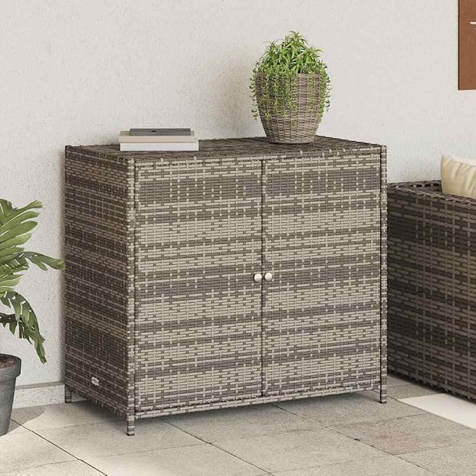 Garden Storage Cabinet Grey - Outdoor PE Rattan Sideboard with 2 Doors - Rectangular Patio Storage for Garden Tools and Supplies - 17.7 x 32.7 x 29.9 in (W x L x H)