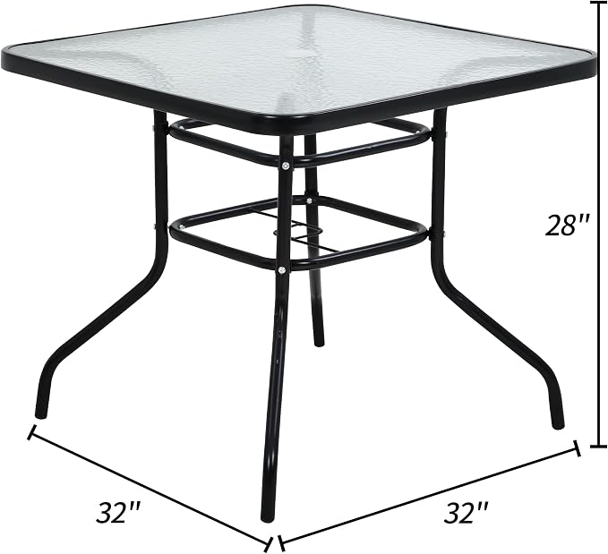 Premium Square Patio Table with 2 In Umbrella Hole,32 In Tempered Glass Top,Outdoor Coffee Table for Patio,Balcony, Backyard,Poolside,and Sunroom - Small Patio Table with Umbrella Hole (Square)